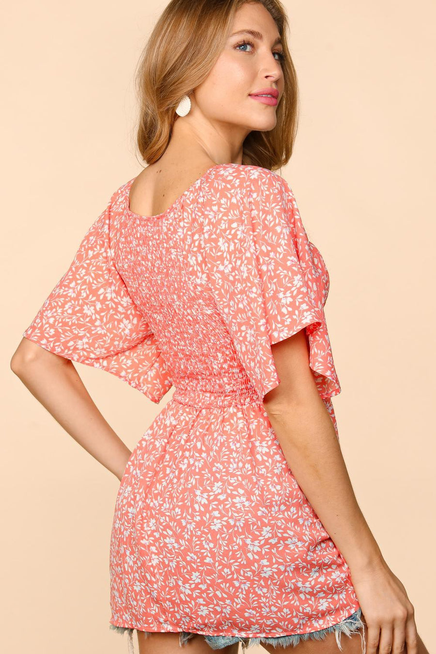 Peach Floral Smocked Blouse