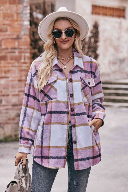 Pre-Order Plaid Long Sleeve Shirt Jacket with Pockets