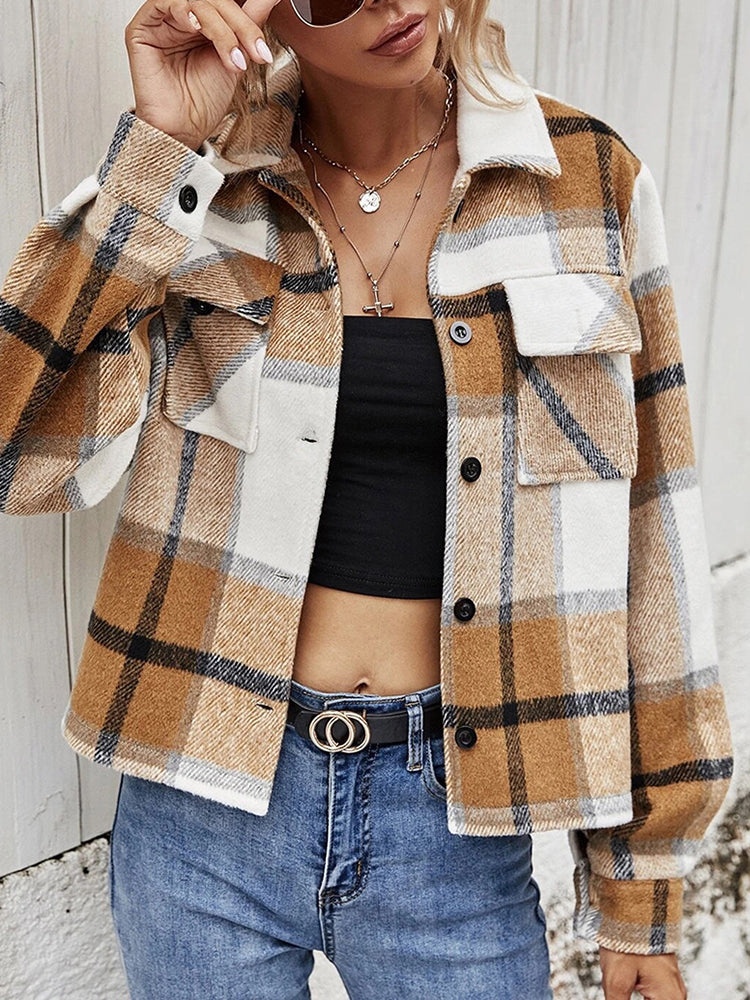 Double Take Plaid Collared Neck Jacket with Breast Pockets