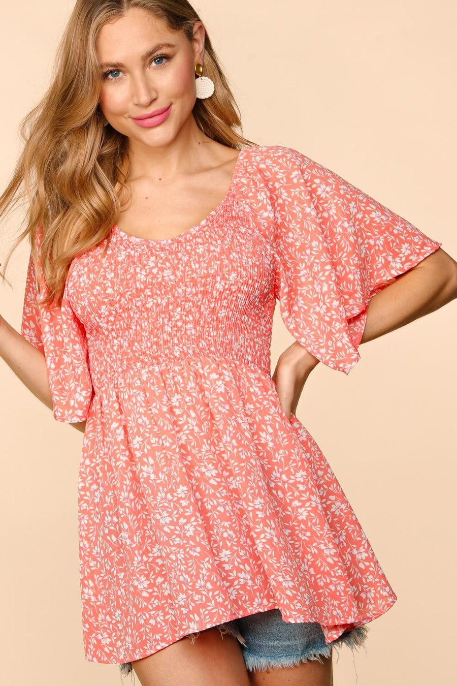 Peach Floral Smocked Blouse