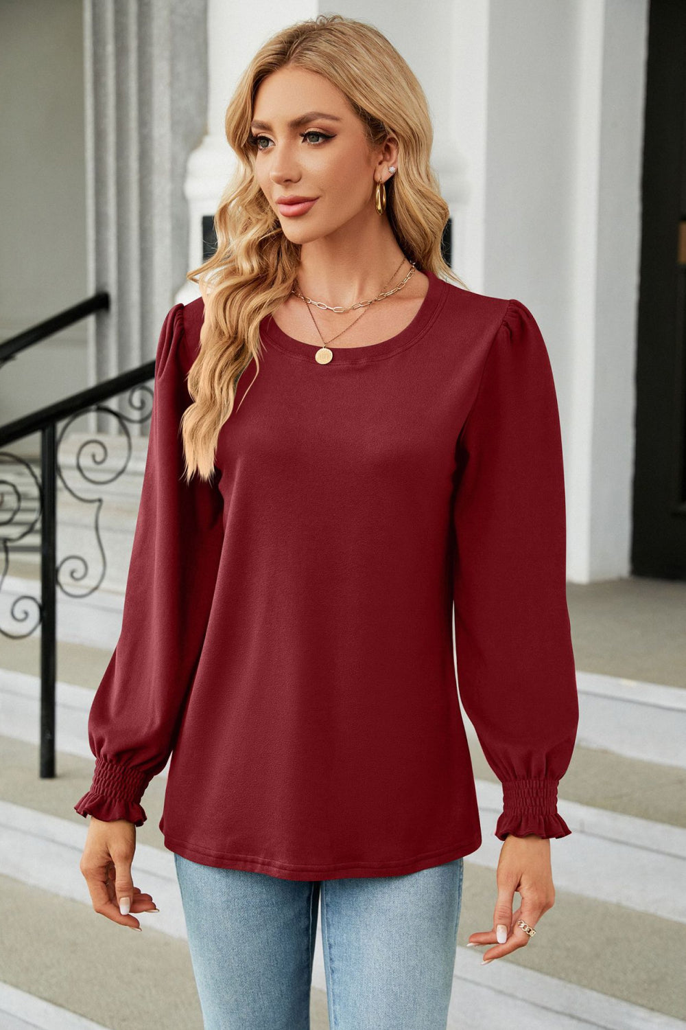 Round Neck Smocked Flounce Sleeve Blouse