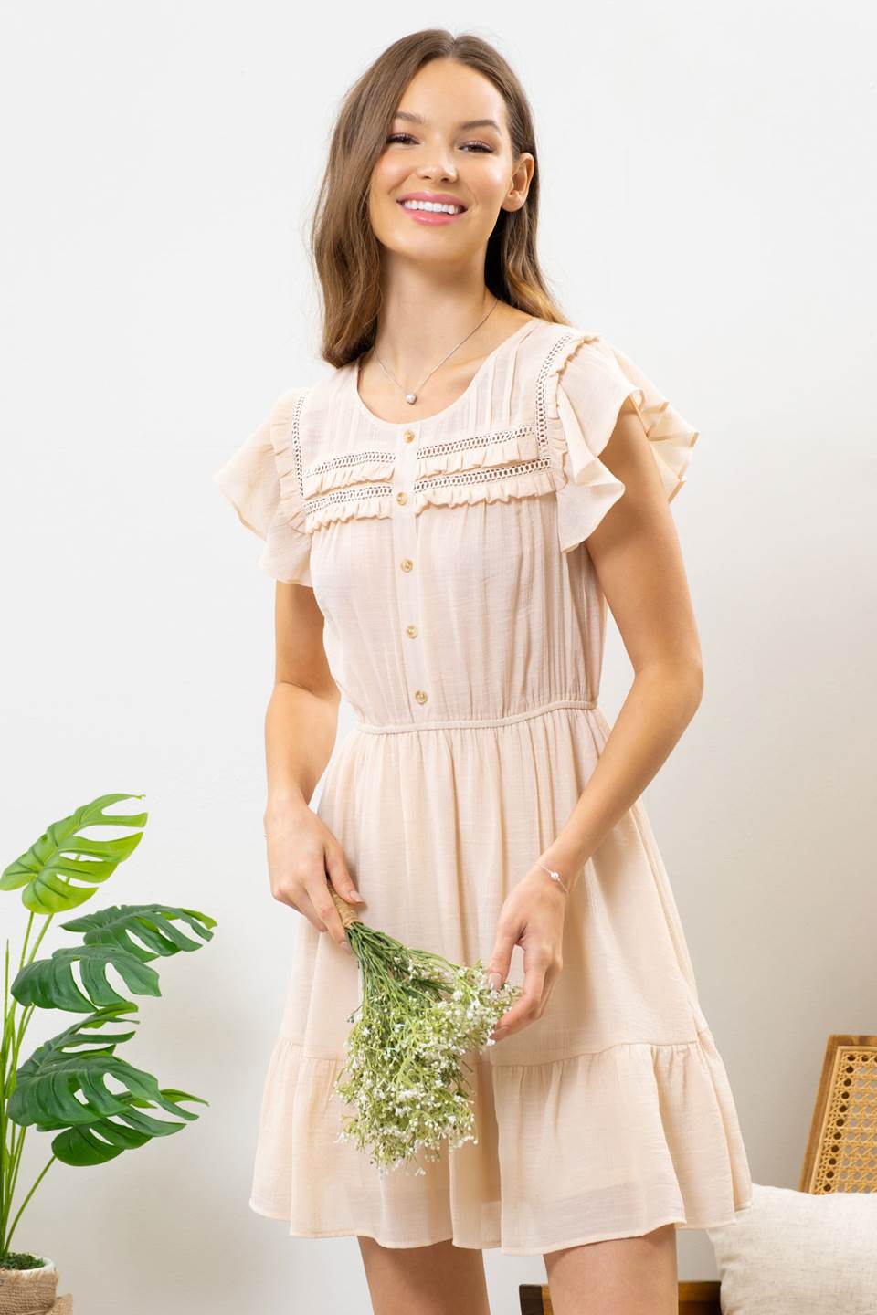 Taupe Flutter Sleeve Mini Dress