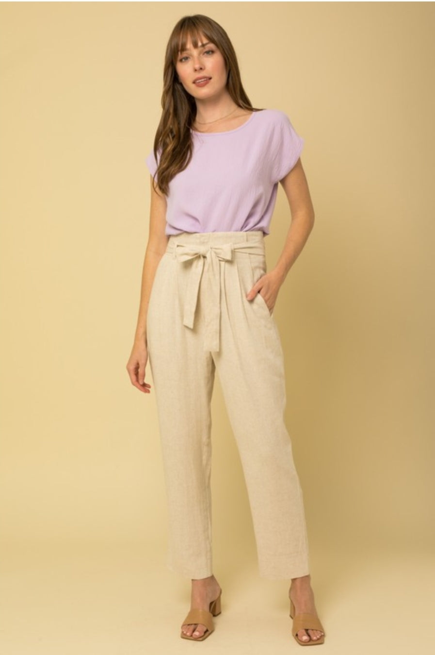 Natural High Waisted Pin-Tuck Linen Pants