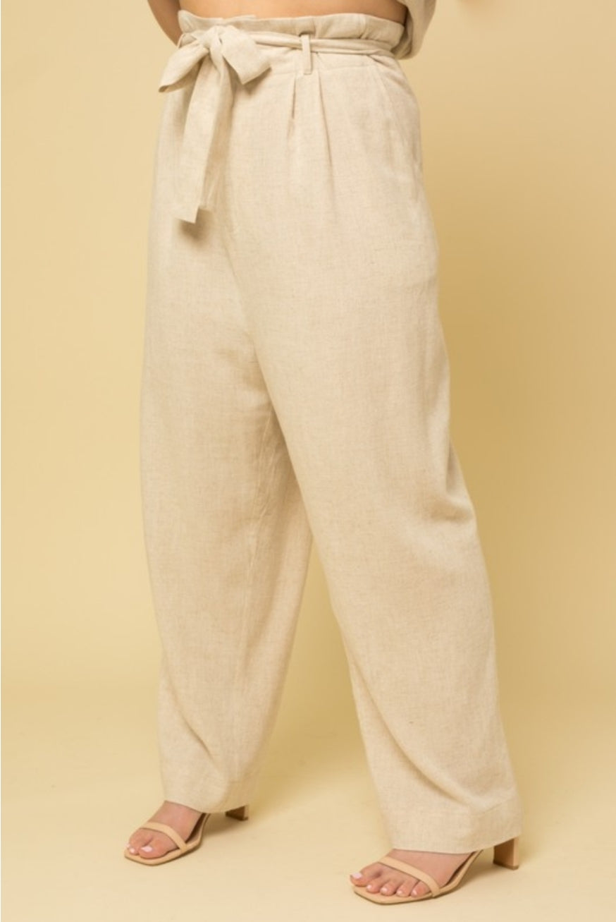 Natural High Waisted Pin-Tuck Linen Pants