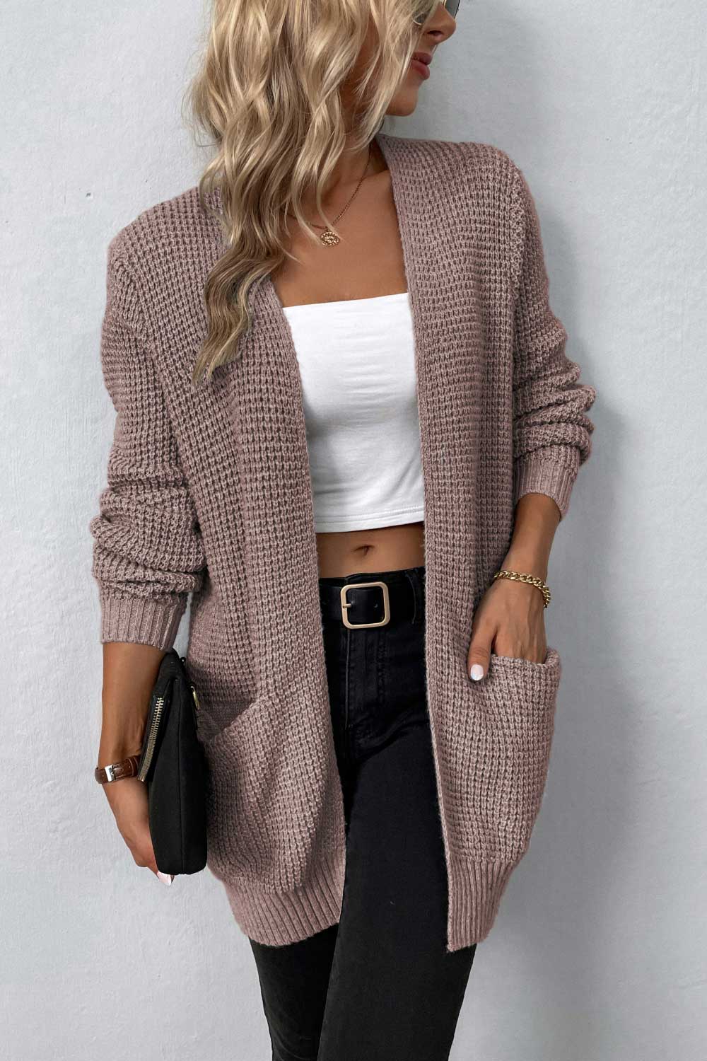 Rib-Knit Open Front Pocketed Cardigan