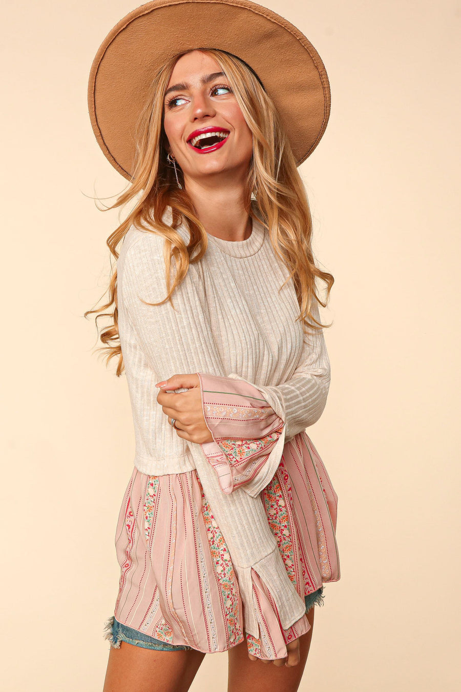 Oatmeal and Blush Floral Blouse