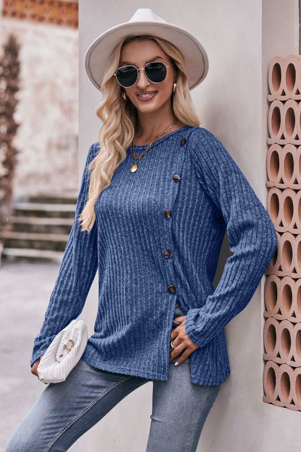 Double Take Ribbed Round Neck Buttoned Tee