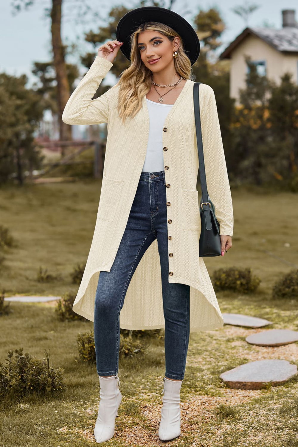 V-Neck Long Sleeve Cardigan with Pocket