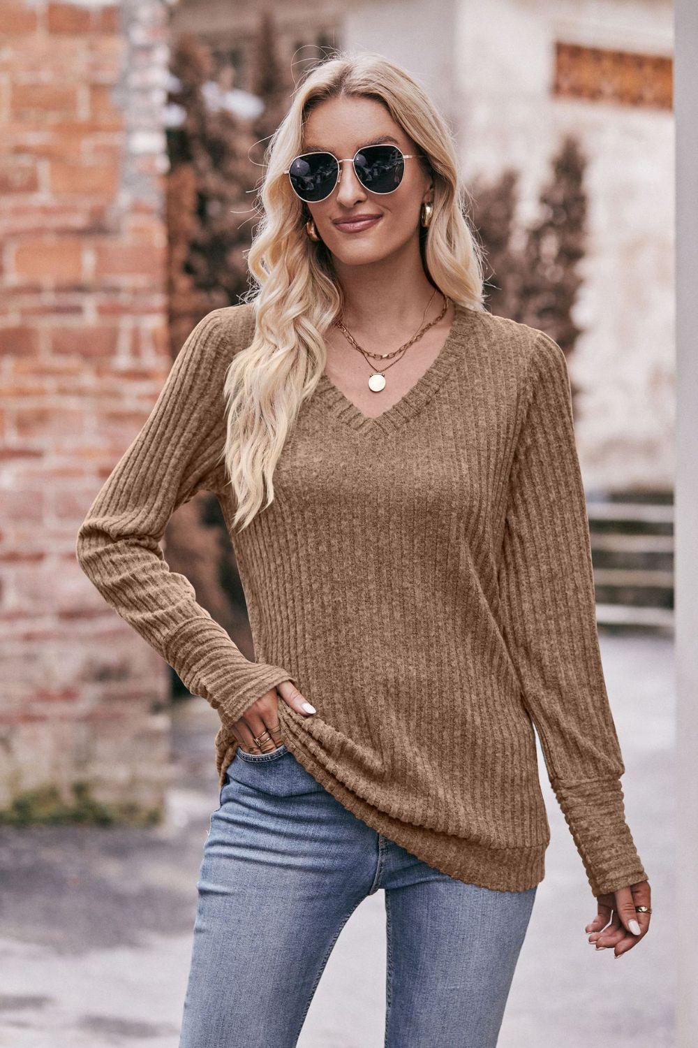Double Take V-Neck Long Sleeve Ribbed Top