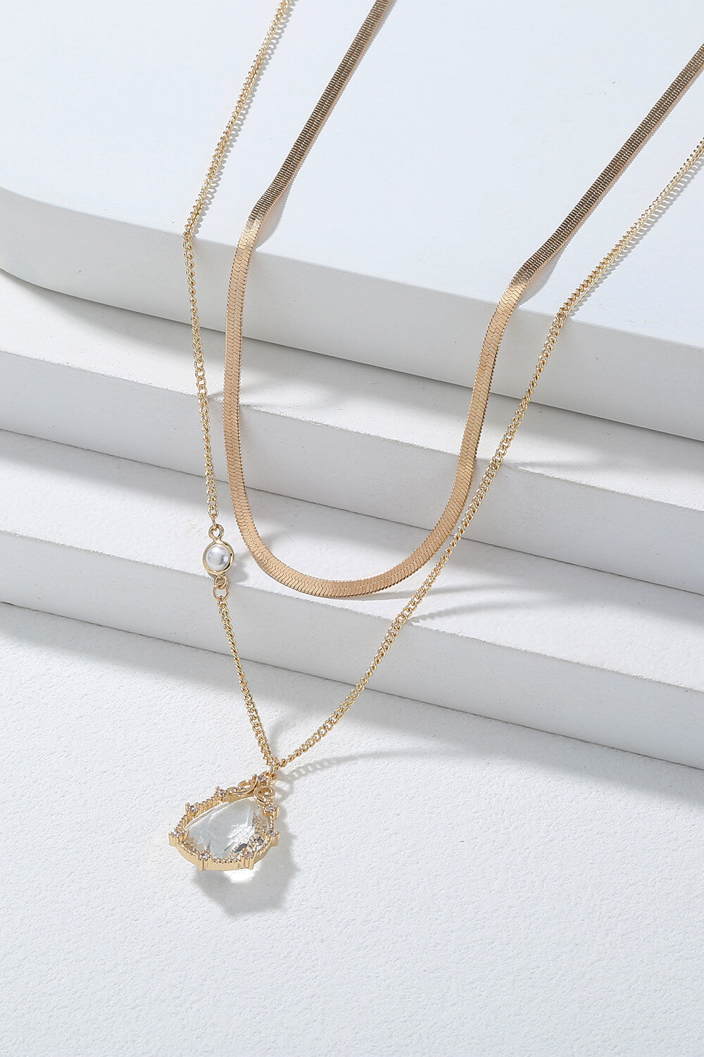 Crystal Pendant and Snake Chain Double-Layered Necklace