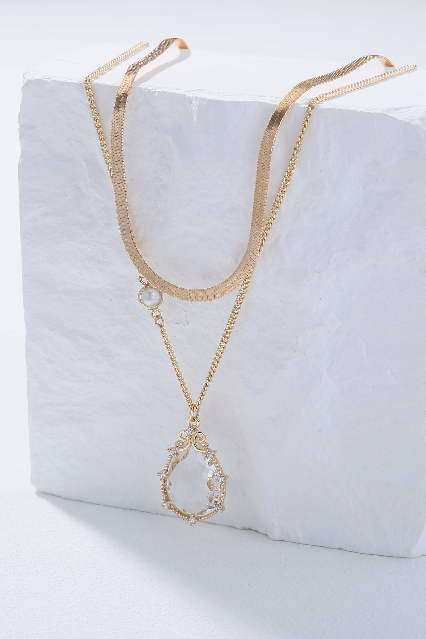 Crystal Pendant and Snake Chain Double-Layered Necklace