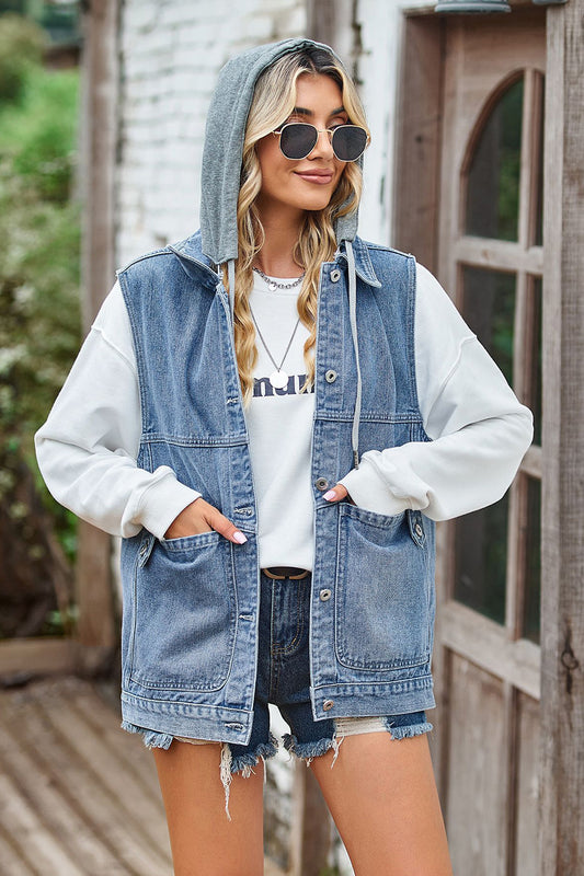 Sleeveless Hooded Denim Jacket with Pockets