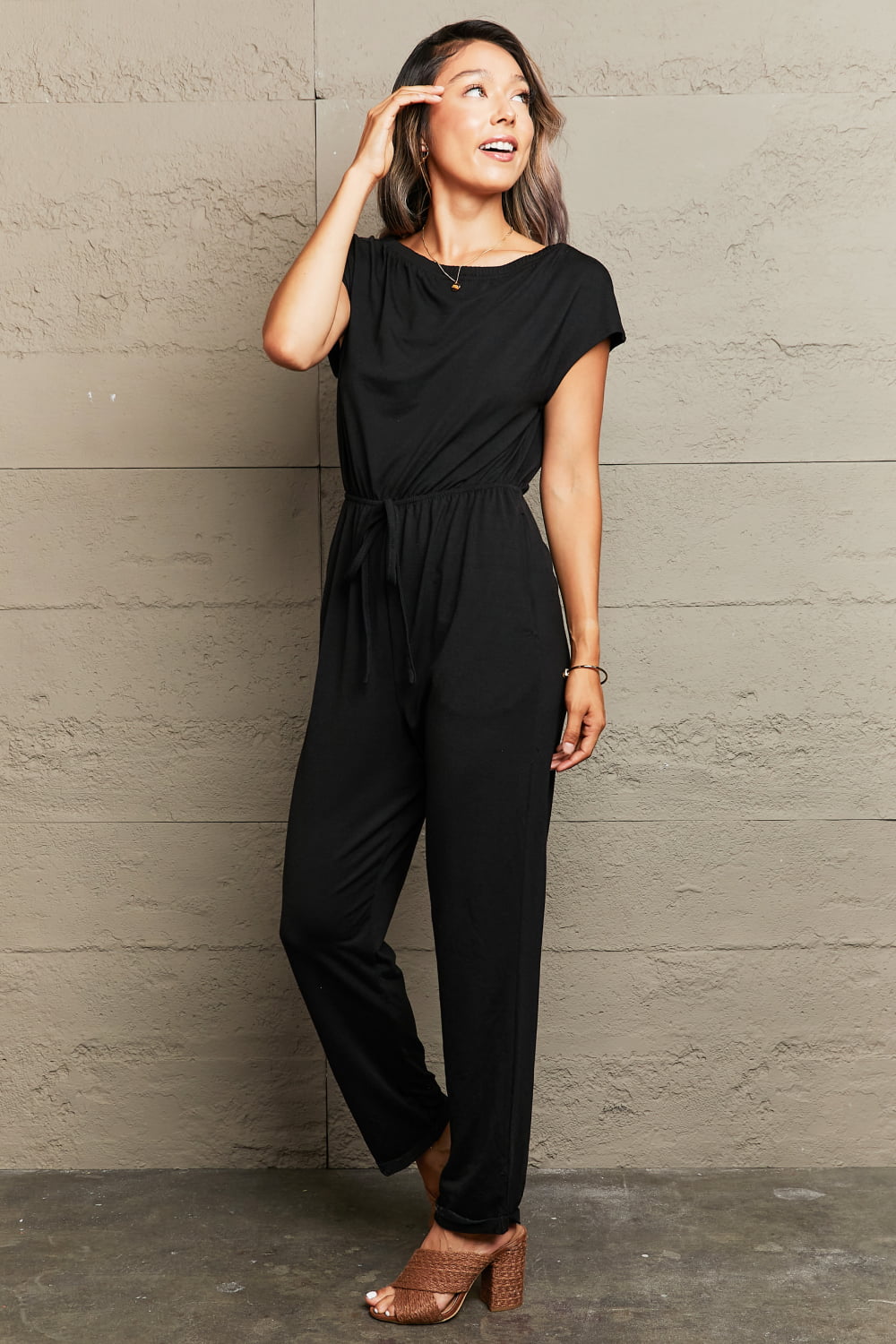 Boat Neck Short Sleeve Jumpsuit with Pockets
