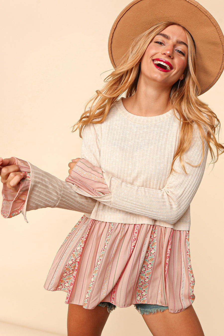 Oatmeal and Blush Floral Blouse