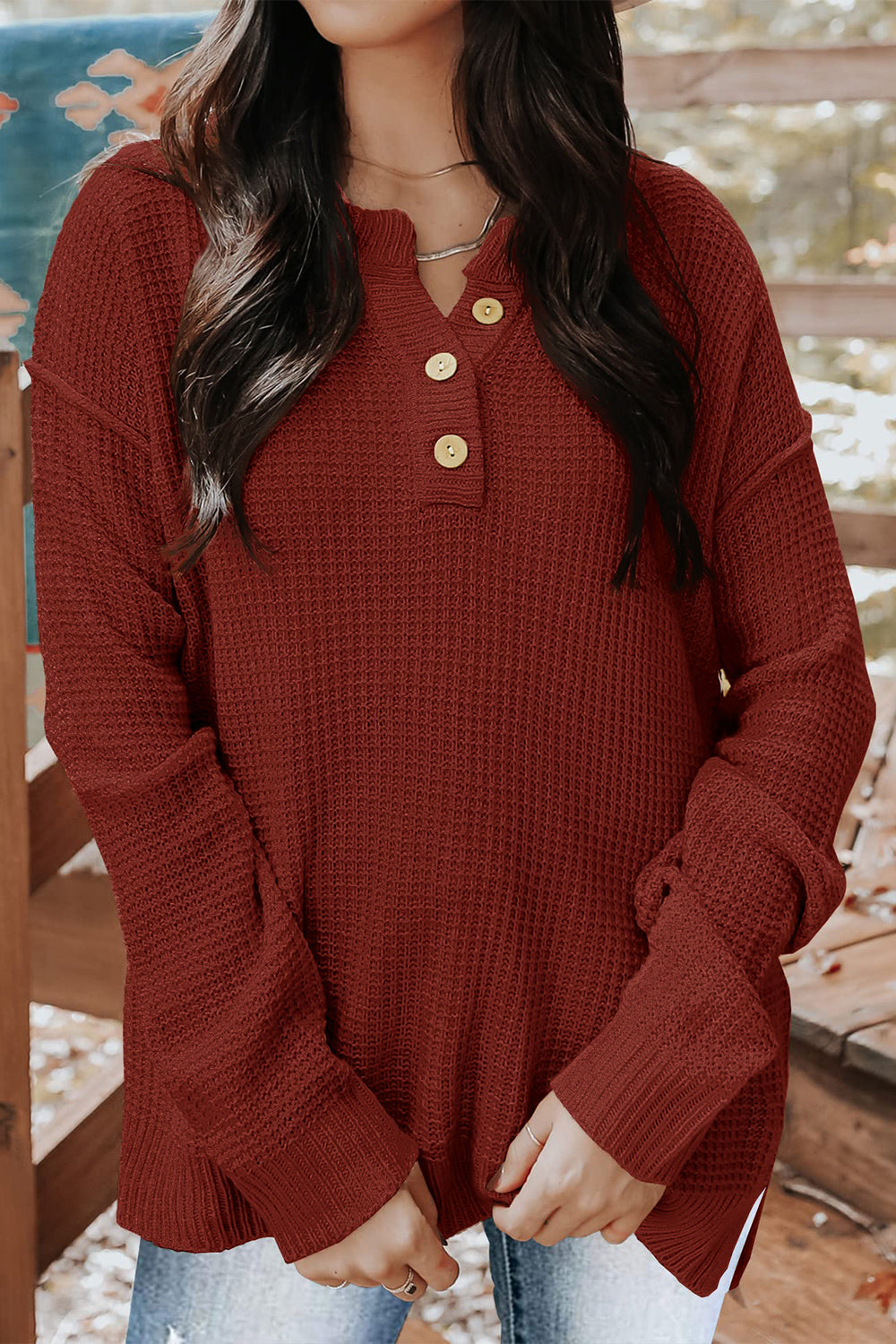 Waffle-Knit Dropped Shoulder Buttoned Sweater