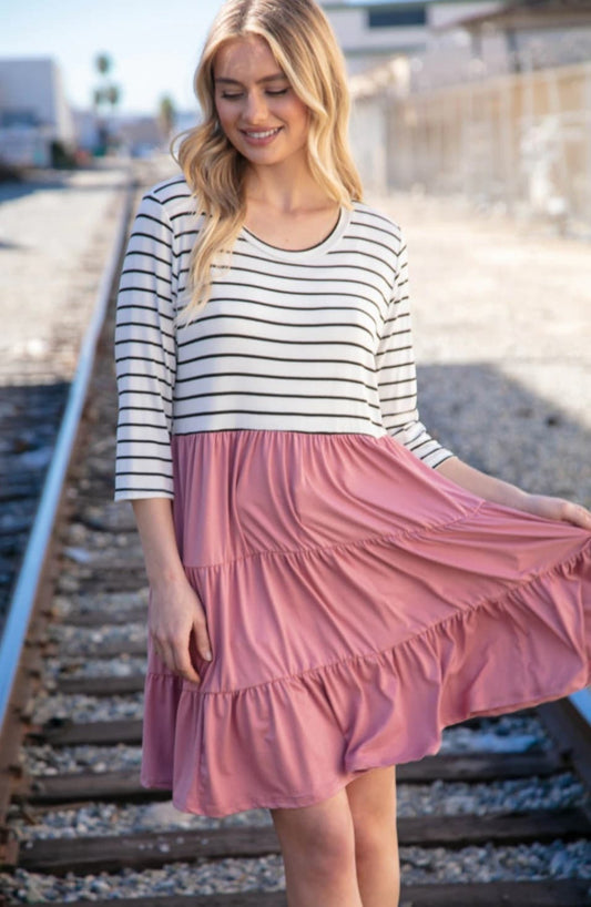 Striped Mauve Tiered Dress with Pockets