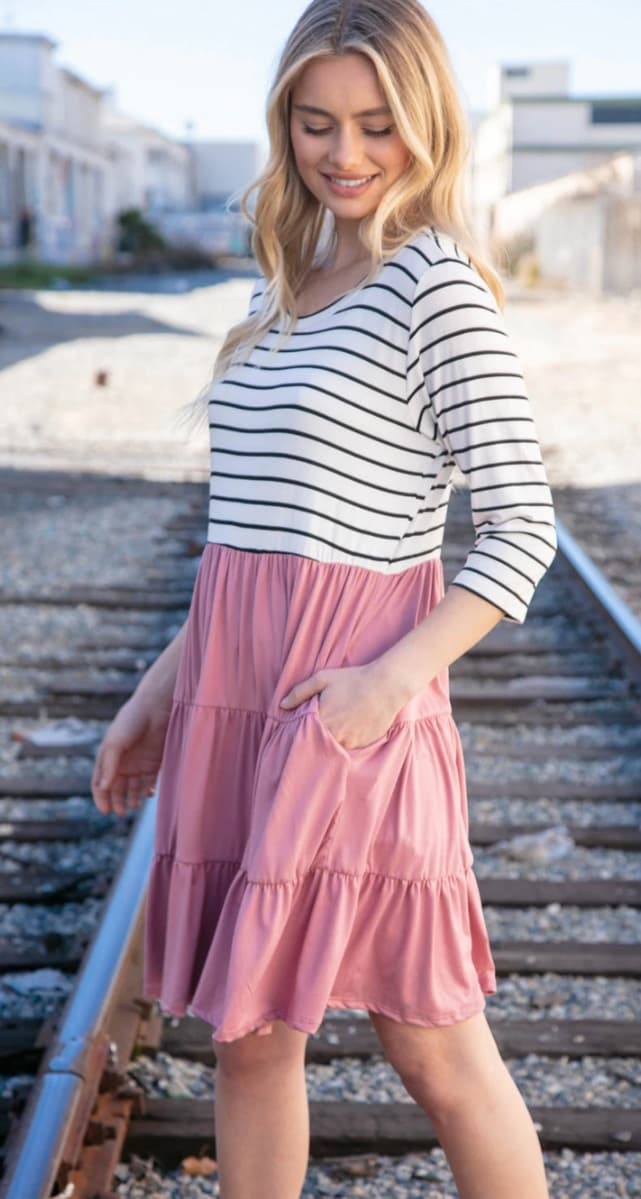 Striped Mauve Tiered Dress with Pockets